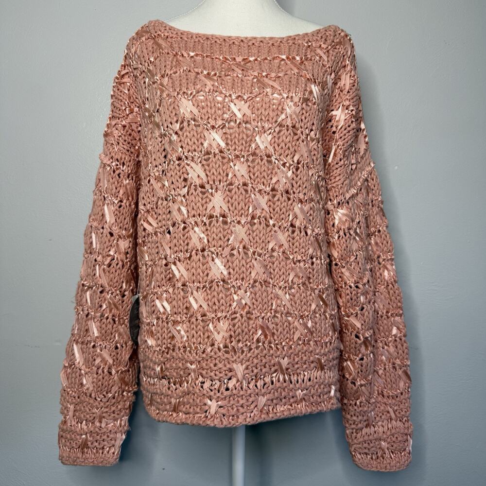 Jennifer Reed Hand Knit Peach Ribbon Sweater Womens M Textured Boho Pad Shoulder